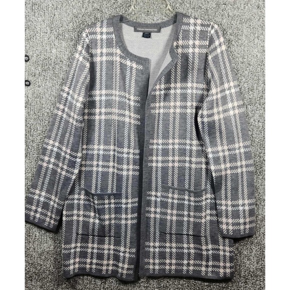 French Connection - Plaid Cardigan Open Front‎ Pockets Gray White - Womens Large - Picture 1 of 7